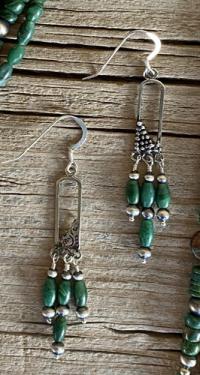3 dangles of jade and Navajo pearl Earrings by Myra Gadson