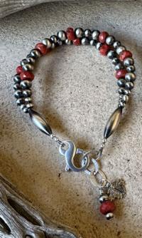 Navajo Pearl/Red Coral Bracelet by Myra Gadson
