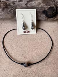 Navajo pearl on black leather Necklace by Myra Gadson