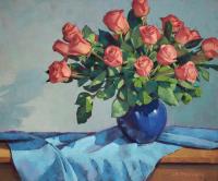 Orange Roses, Blue Vase by Sarah Blumenschein
