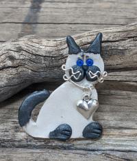 Siamese Cat with Heart Charm Pin by Lisa Mondy