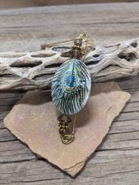 Ceramic Oval Peacock Feather Pin by Judy Jaeger