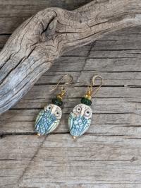 Bone green owl Earrings by Judy Jaeger