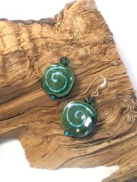 Earrings- Kenyan kazuri squares, green w/ tq swirl by Judy Jaeger
