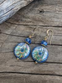Earrings- ceramic round blue peacock feathers by Judy Jaeger